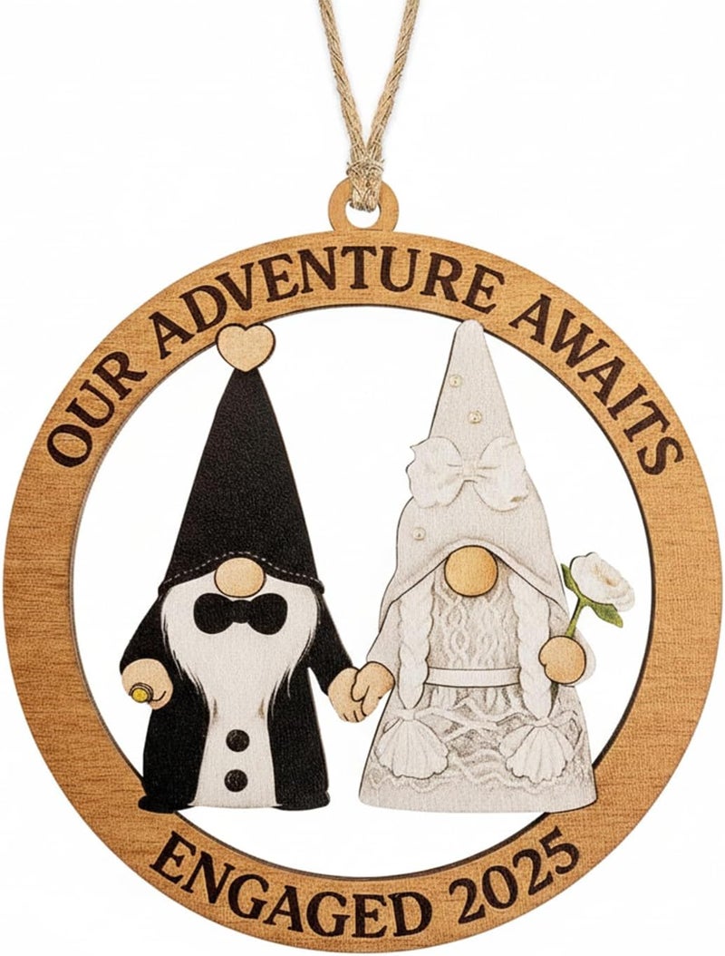 NELXI Engagement Ornament, Gnome Ornaments, Gnome Gifts for Women, Wedding Ornaments, Our Adventure Awaits Engaged 2025 Wooden Keepsake, Handmade Couple Christmas Decoration, Engagement Gifts Ready to Gift - Image 1